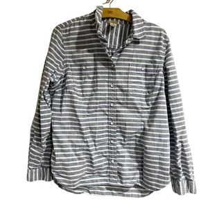 Duluth Women XL White Blue Striped Cotton Button Down Shirt